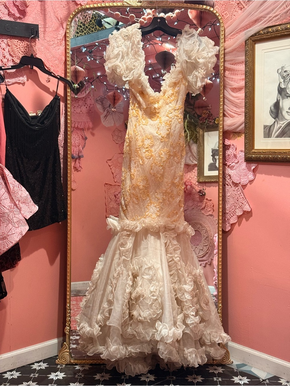 1980’s Vintage David Fielden 100% Pure Silk Embroidered Sequin Lace Ruffle Gown